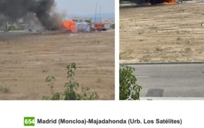 Un autobús de Majadahonda estacionado en Los Satélites arde en llamas: 3 dotaciones de bomberos en un incendio sin heridos ni víctimas