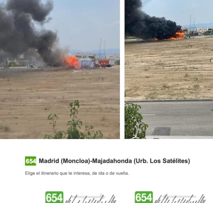 Un autobús de Majadahonda estacionado en Los Satélites arde en llamas: 3 dotaciones de bomberos en un incendio sin heridos ni víctimas